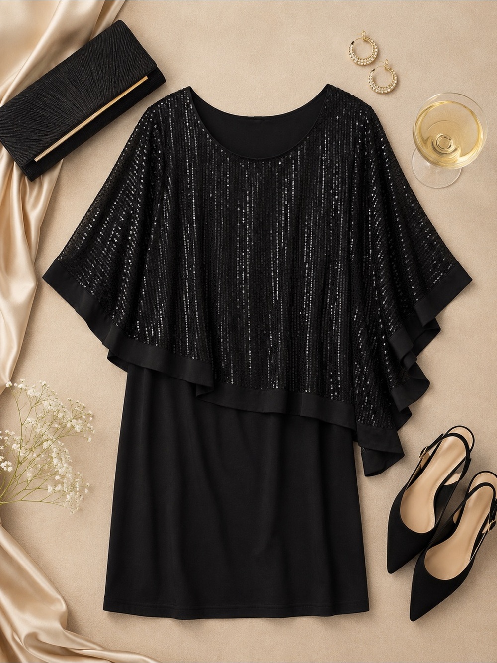 Elegant Black Sequin Asymmetrical Cocktail Dress Size 24W